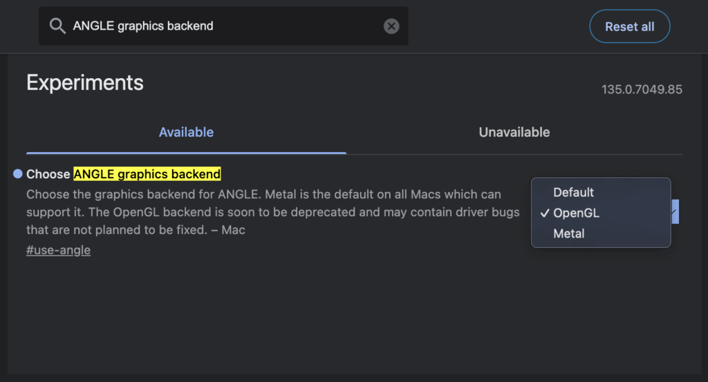 ANGLE graphics backend option in Chrome.